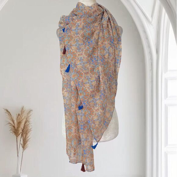 Early 2000's Brown Beige Colorful Tassel Oversized Boho Scarf / Shawl - Picture 1 of 4